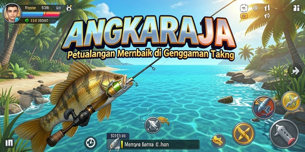 Screenshot gameplay ANGKARAJA menunjukkan aksi memancing yang seru dan menantang.