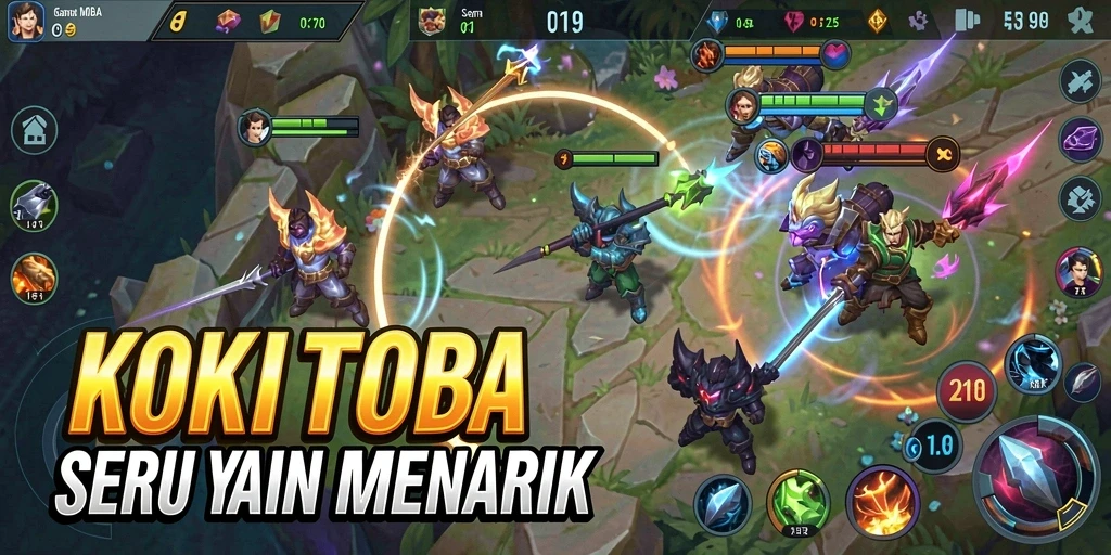 Gameplay seru di KOKITOTO dengan aksi MOBA yang mendebarkan.