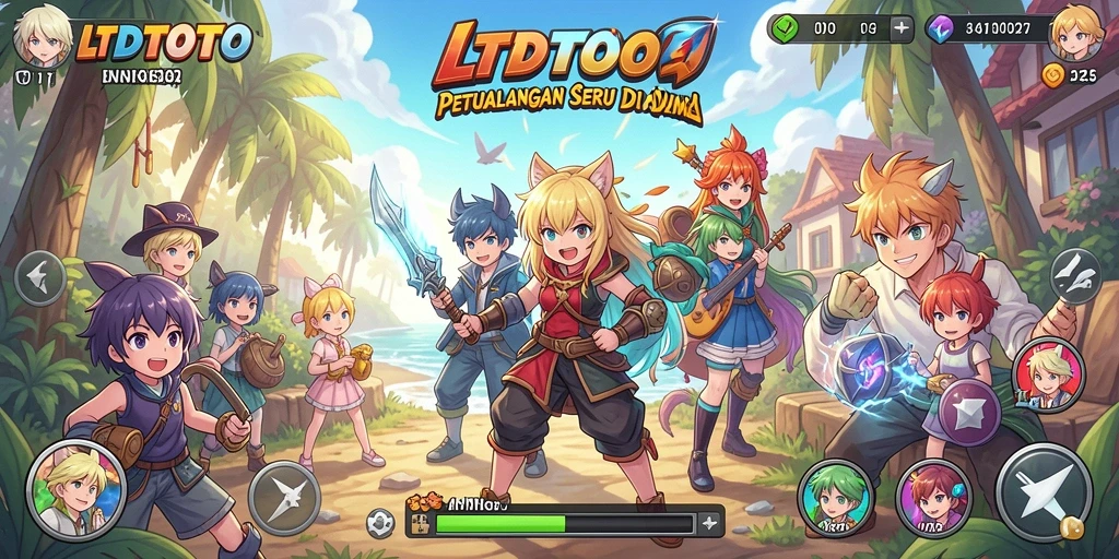 Tampilan gameplay LTDTOTO yang penuh aksi dan karakter anime menggembirakan.