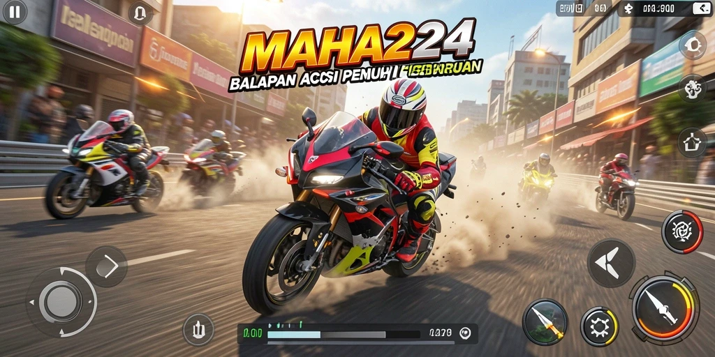 Screenshot gameplay dari MAHA24 menampilkan aksi balapan motor yang mendebarkan.