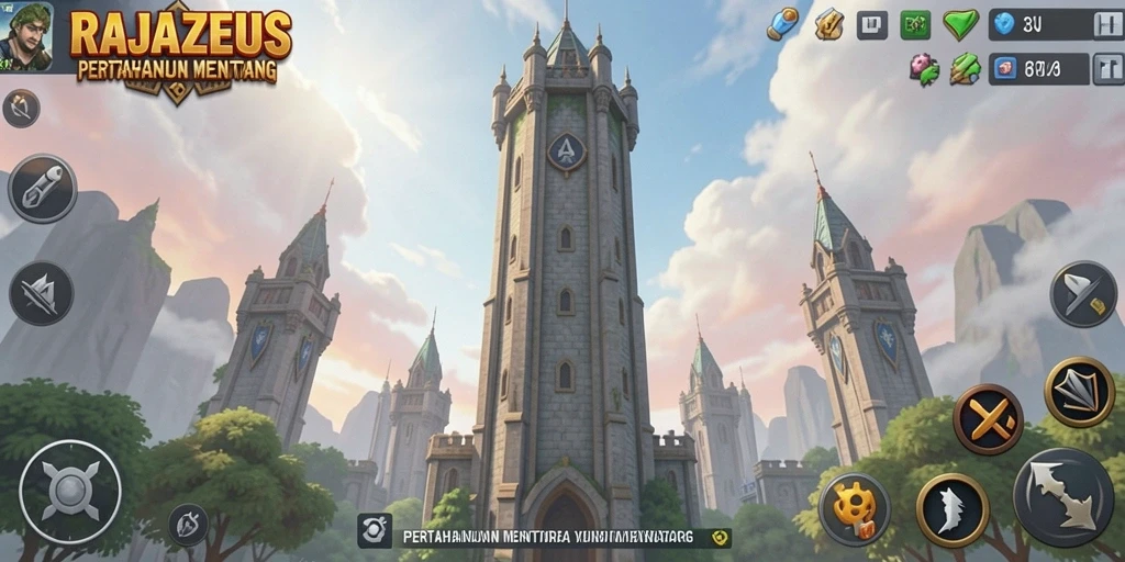 Screenshot dari gameplay <strong>RAJAZEUS</strong> yang menunjukkan aksi menara pertahanan.