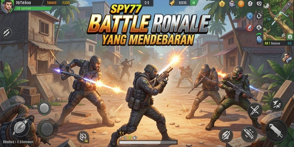 Screenshot gameplay SPY77 menampilkan pertarungan sengit di arena Battle Royale.