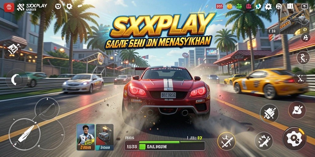 Tampilan gameplay SXXPLAY dengan balapan yang mendebarkan dan mobil kustom.