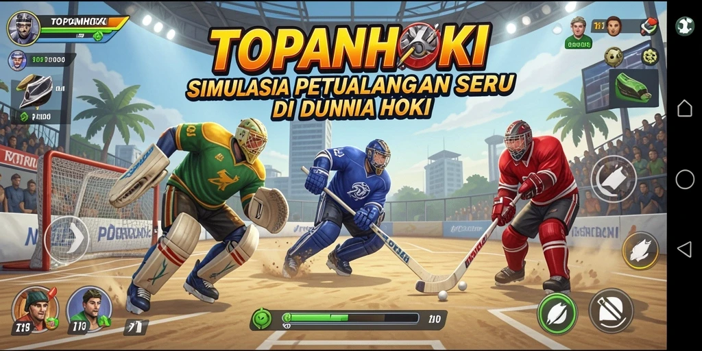 Screenshot utama menunjukkan pertandingan hoki yang intens dan menarik.